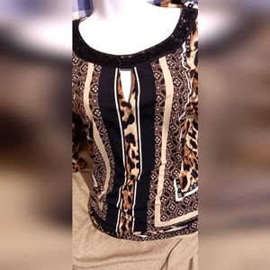ALFANI Animal Print Peep Hole Jeweled Tunic Top 3/4 Bell Sleeves Large